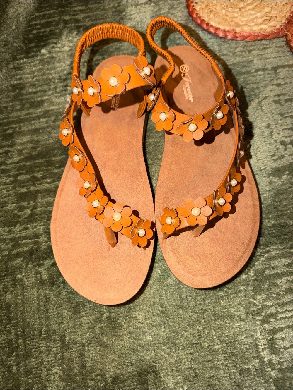 Brown Floral T-Strap Sandals New